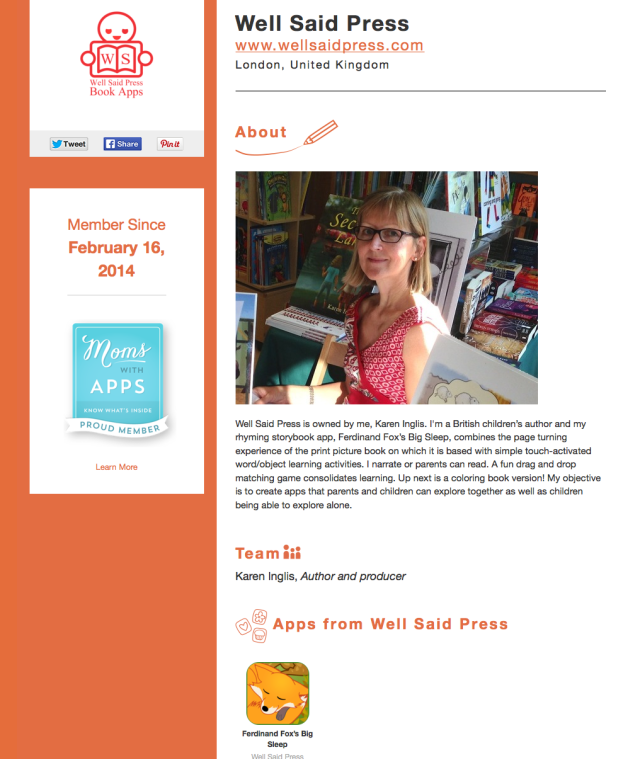 Karen Inglis's author page on Moms With Apps website