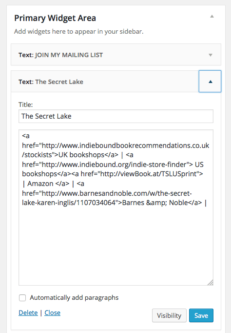 Image of text widget & example coding in WordPress