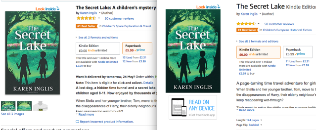 Images of The Secret Lake by Karen Inglis with best seller labels on Amazon.uk