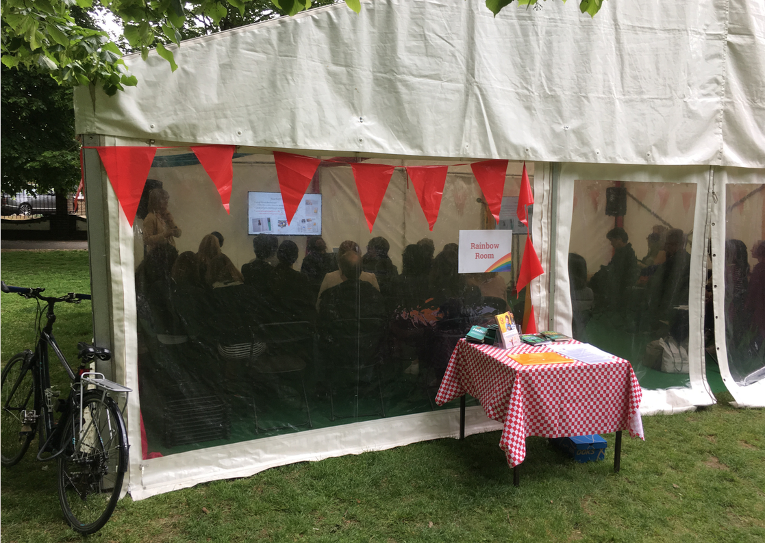 Karen Inglis discussing children's self-publishing -- seated audience and slides