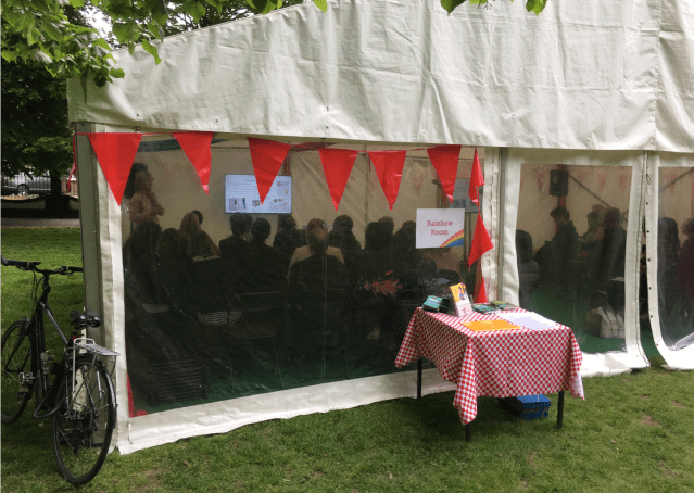 Karen Inglis discussing children's self-publishing -- seated audience and slides