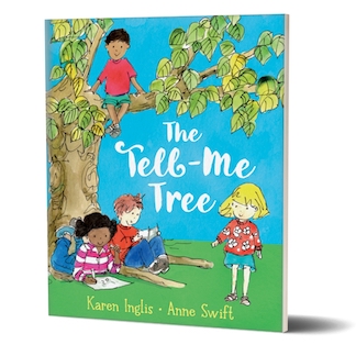 Kids talking and reading beneath a tree - the front cover of 'The Tell-Me Tree, by Karen Inglis and Anne Swift